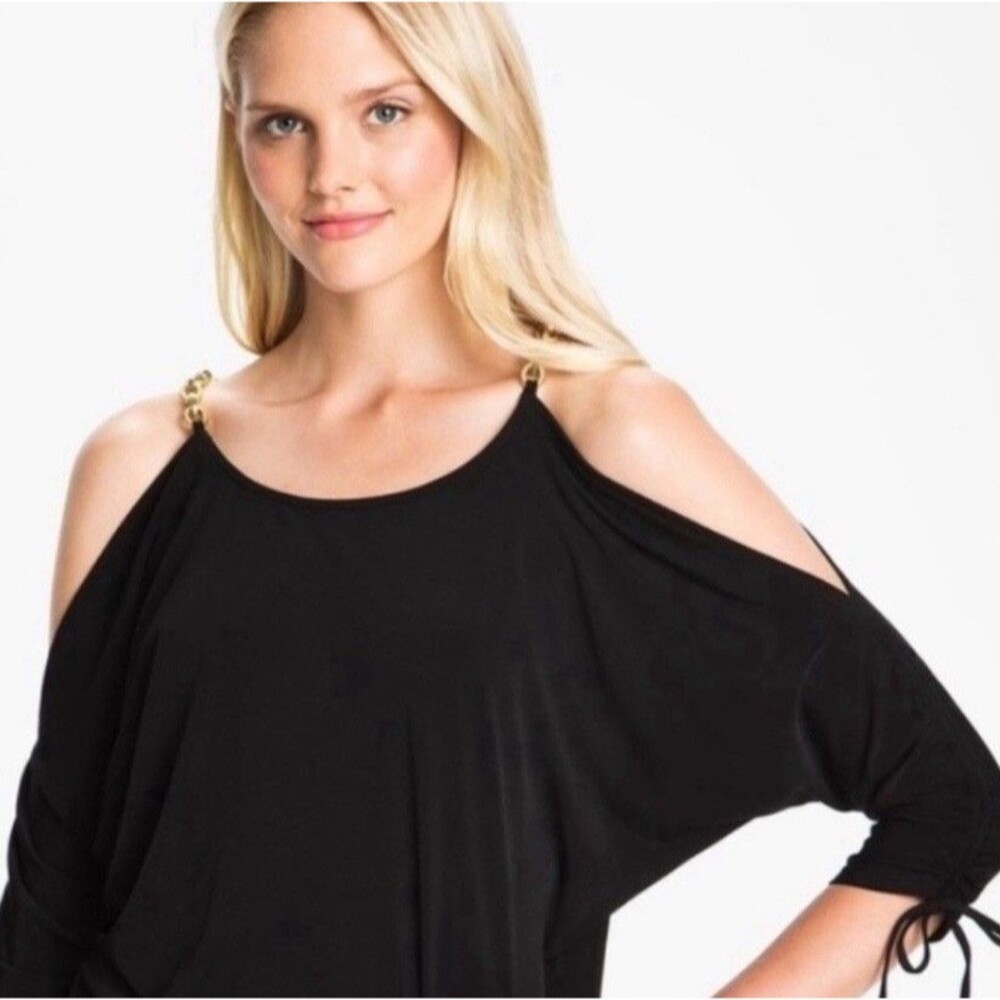 MICHAEL KORS Black Stretch Top Blouse Women Size Small Cold Shoulder Gold Chain